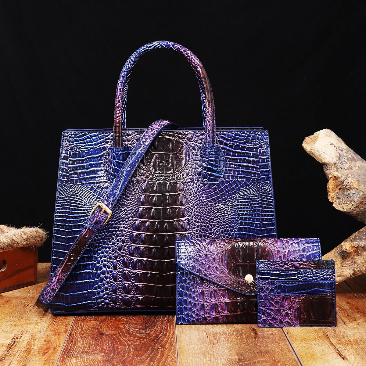 3 Pcs Crocodile Pattern Handbag & Purses Set, Multi-functional Vintage Top Handle Crossbody Bag & Business Clutch Bag & Card Coi