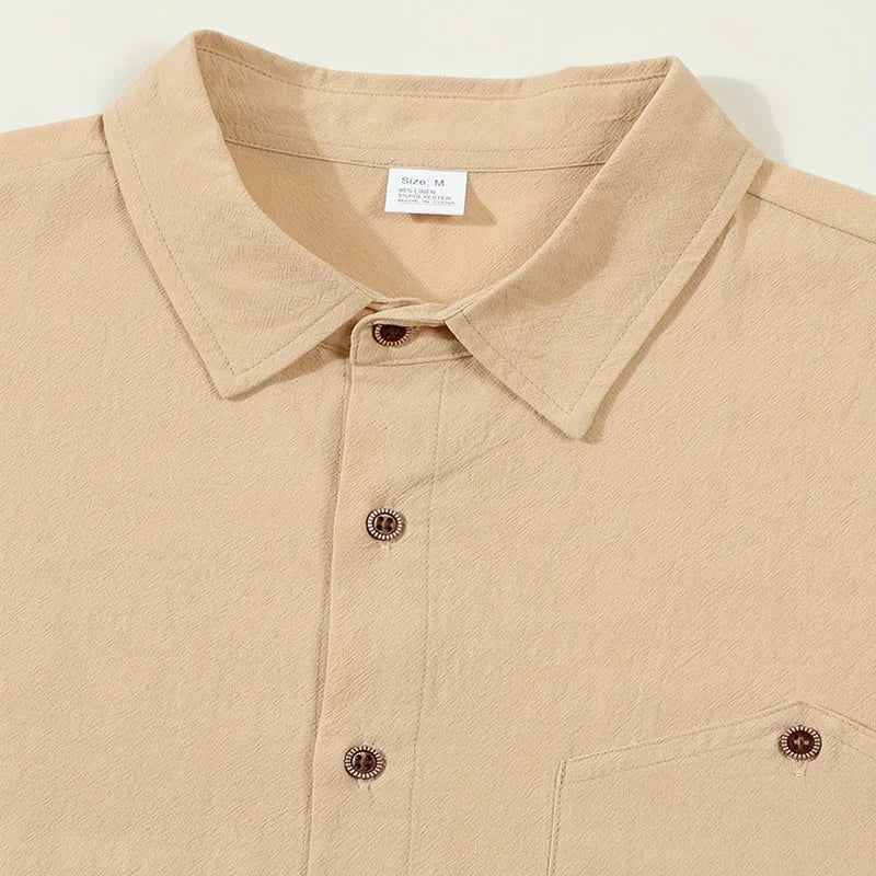 Men's Casual Linen Blend Shirt Short Sleeve Turn Down Collar Button Up Lightweight Breathable Beach Tunic Tops