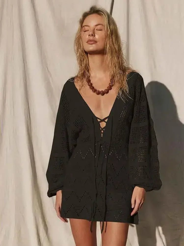 Sexy Deep V-neck Lace-up Bell Sleeve Knit Mesh Hollow Out Beach Mini Dress 2025 Summer Swimsuit Cover Up Women Casual Tunic K14
