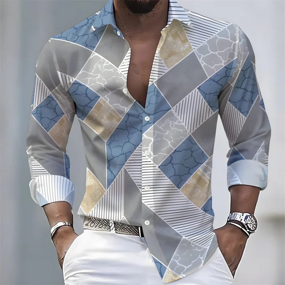 New men's artistic printed long-sleeved shirt, retro color-blocked design, casual shirt, versatile and stylish top for commuting