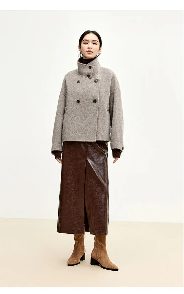 SENTUBILA 100% Wool Coats For Women Winter Jackets 2025 Stand Turtleneck Double Sided Short Outerwears Female Clothes W44O56626