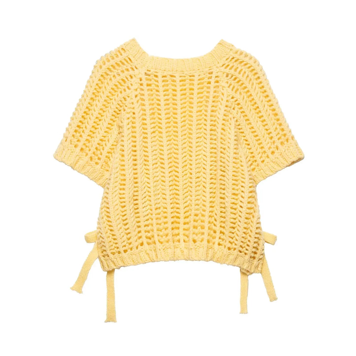 Hollow Out Knit Pullover Women Casual Round Neck Lace Up Bow Sweater Female Autumn Short Sleeves Solid Knitwears Lady