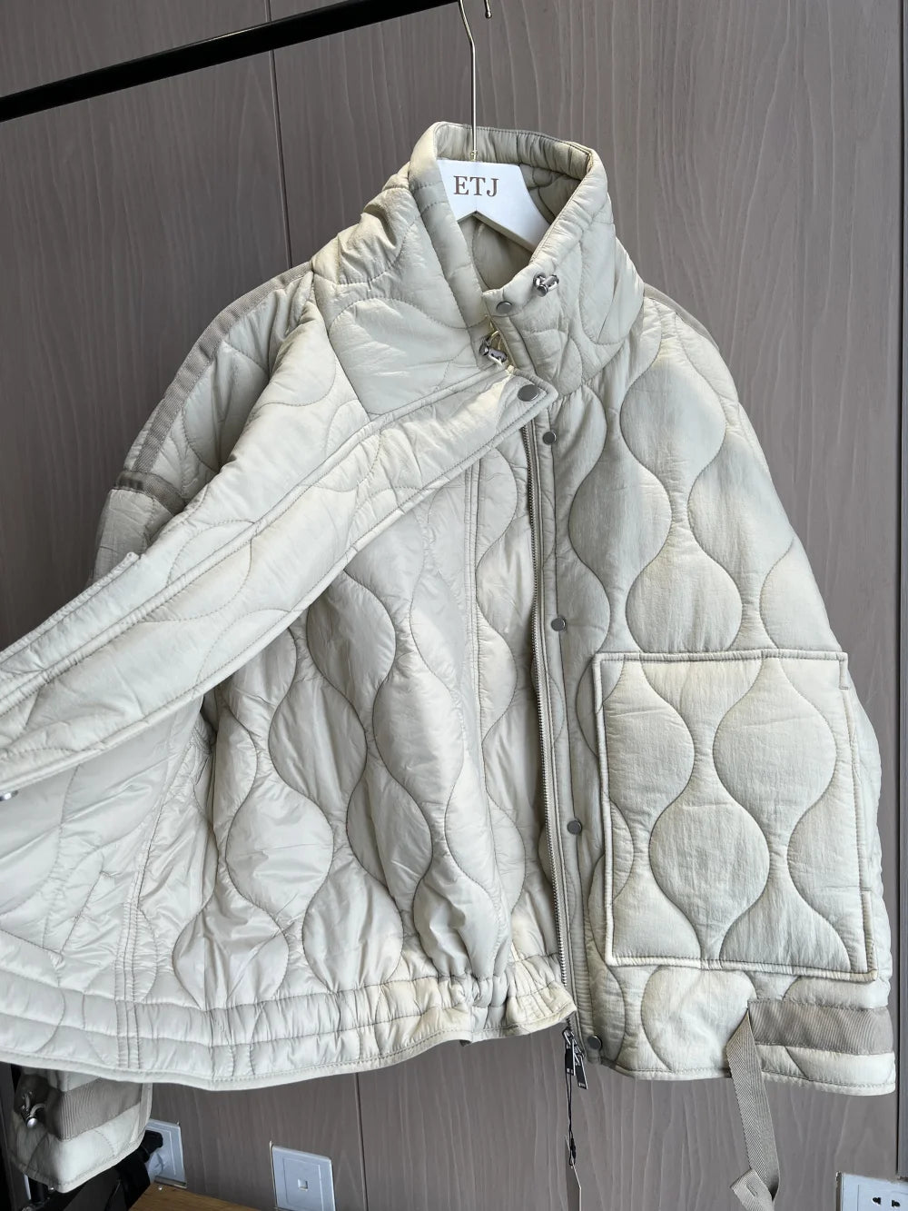 Quilted coat for women ETJ 2025 QUILTED JACKET WITH TIES new beige drawstring high neck pocket clip cotton jacket for women