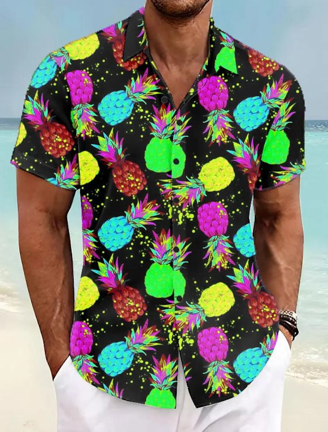 Pineapple Tropical Men's Shirt Summer Aloha Shirt Casual Holiday Summer Spring Turndown Short Sleeve Stretch Fabric Shirt