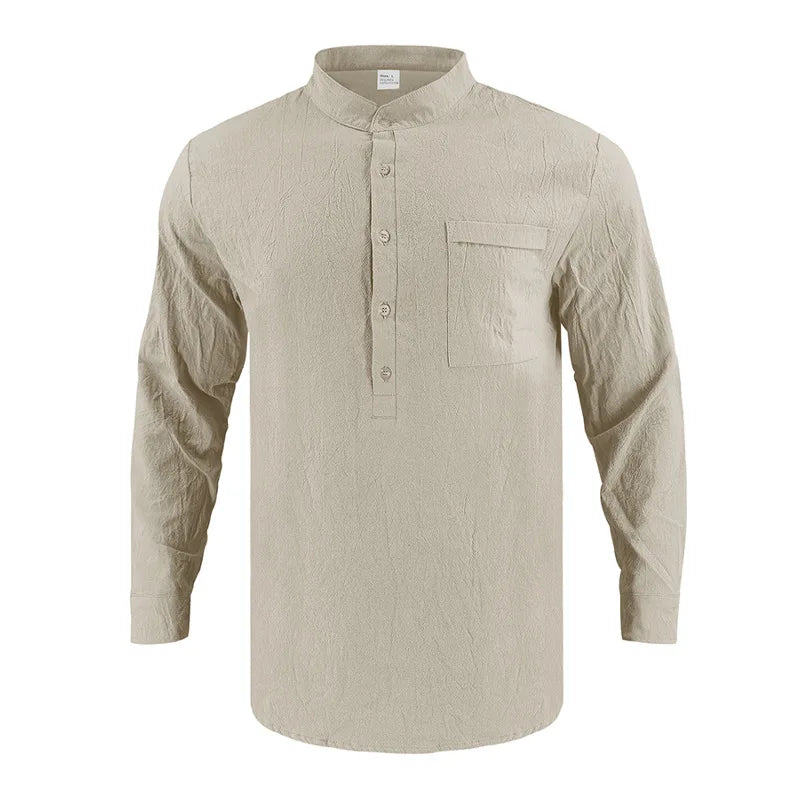 Summer Men's Linen Henry Long Sleeve T-Shirt  European and American Woven Solid Color Casual Polo Shirt