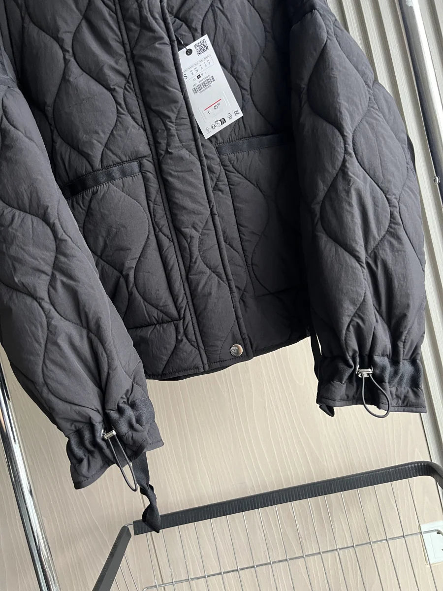 Quilted coat for women ETJ 2025 QUILTED JACKET WITH TIES new beige drawstring high neck pocket clip cotton jacket for women