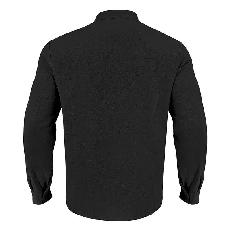 Summer Men's Linen Henry Long Sleeve T-Shirt  European and American Woven Solid Color Casual Polo Shirt