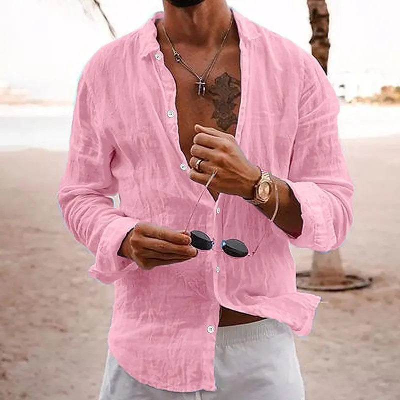 Men's Summer Shirt Casual Lightweight Solid Color Loose Single Breasted Lapel Cotton Linen Long Sleeve Shirt Vacation Beach Tops