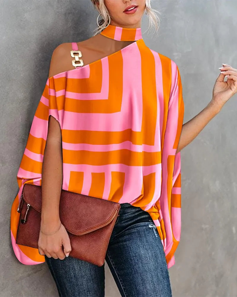 Loose Halter Neck Shawl Top Stylish Halter Neck Bat Sleeve Blouse for Women Loose Fit Pullover Tops with Skew Collar for Summer