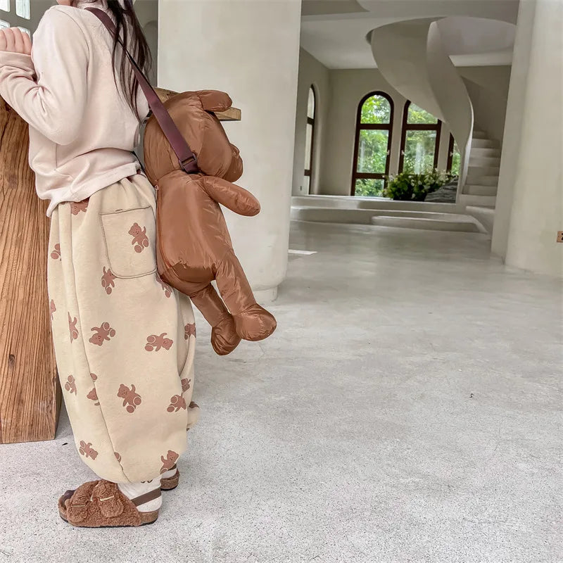 Winter Boys and girls cartoon bears inner fleece sweatpants Children thicken warm loose Trousers
