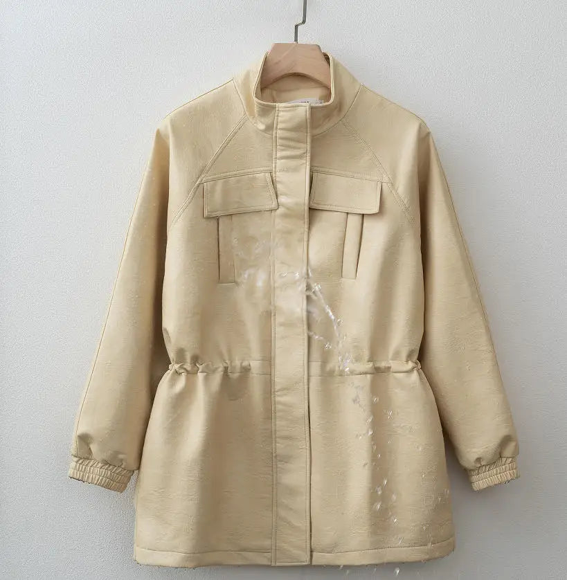 Women Fashion 2025 Fall / Autumn Pu Leather Jacket with Elastic adjustable waist Female Coat and Outerwear