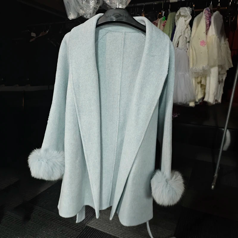 UCXQ Elegant OL Office Lady Overcoats Fur Patchwork Long Sleeve Woolen Coat Beautiful Women's Clothing Jacket Autumn 2025 Winter