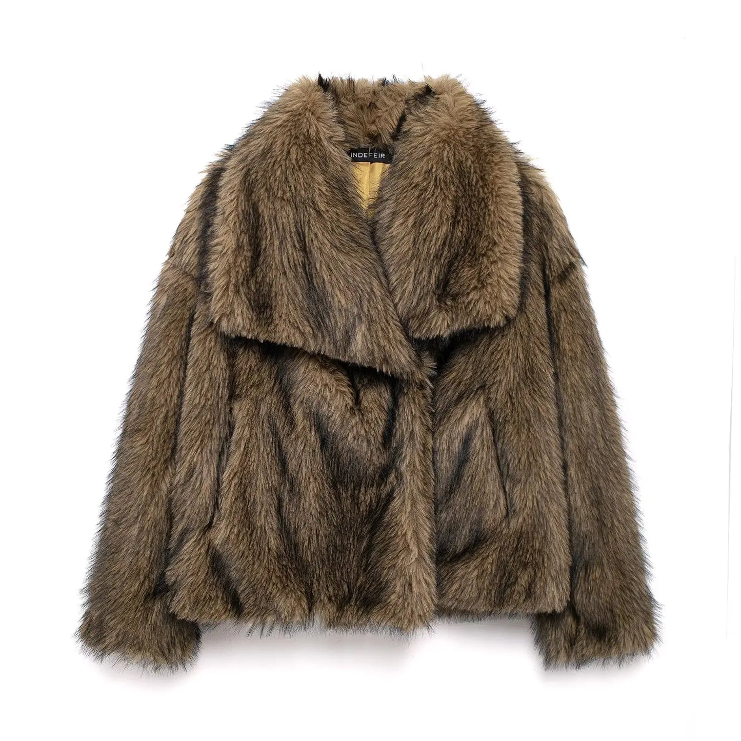 KONDALA Casual Brown Thick Fur Jackets Women Long Sleeve V Neck Autumn Winter Faux Fur Coats Fashion 2025 Streetwear Outwears
