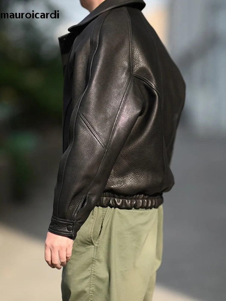 Mauroicardi Spring Autumn Cool Handsome Black Hard Pu Leather Jacket Men Zipper Luxury Designer American Vintage Clothes 2024