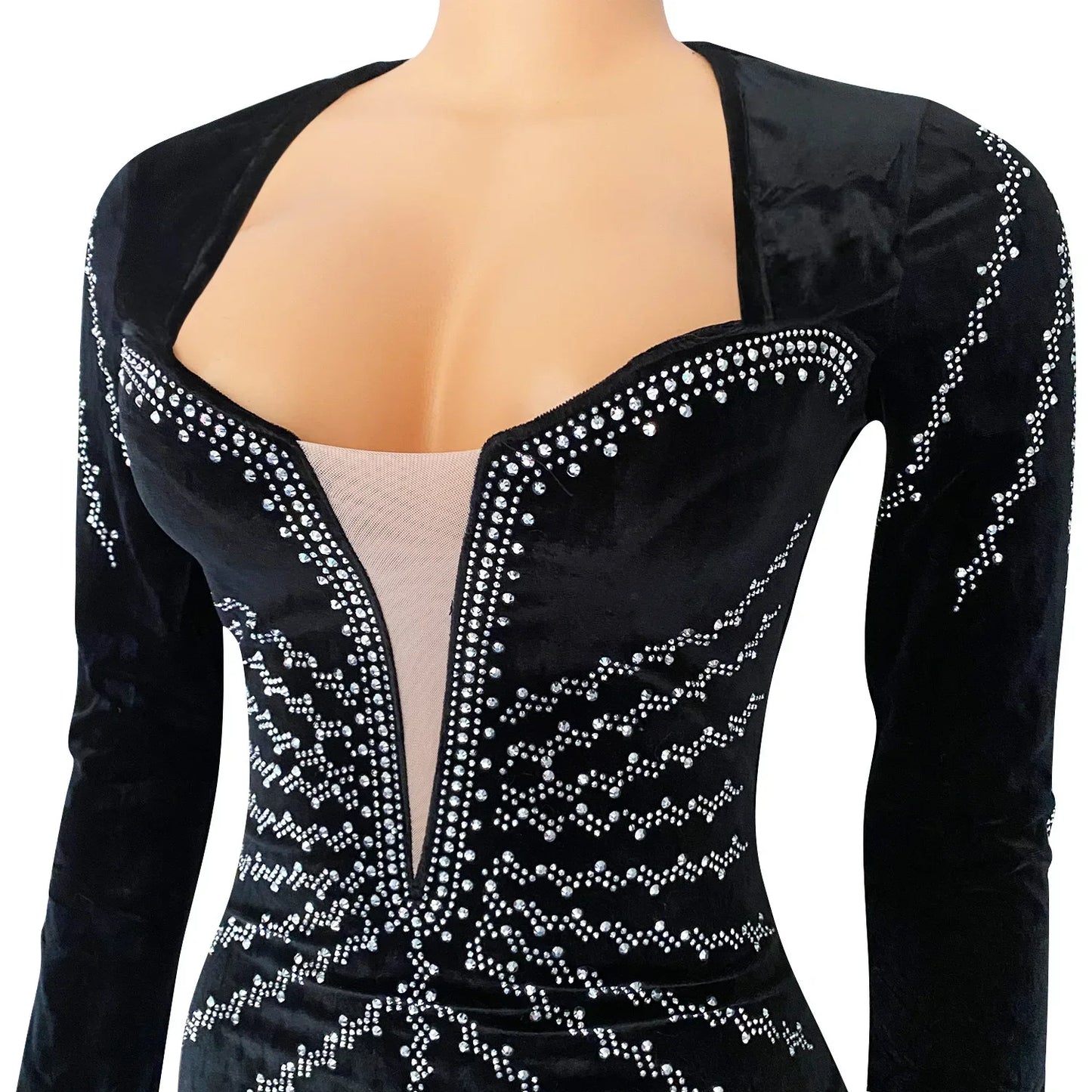2025 Elegant Diamonds Velvet Long Party Dress for Women Sexy Deep V Evening Gown Formal Black Slim Dress Robe