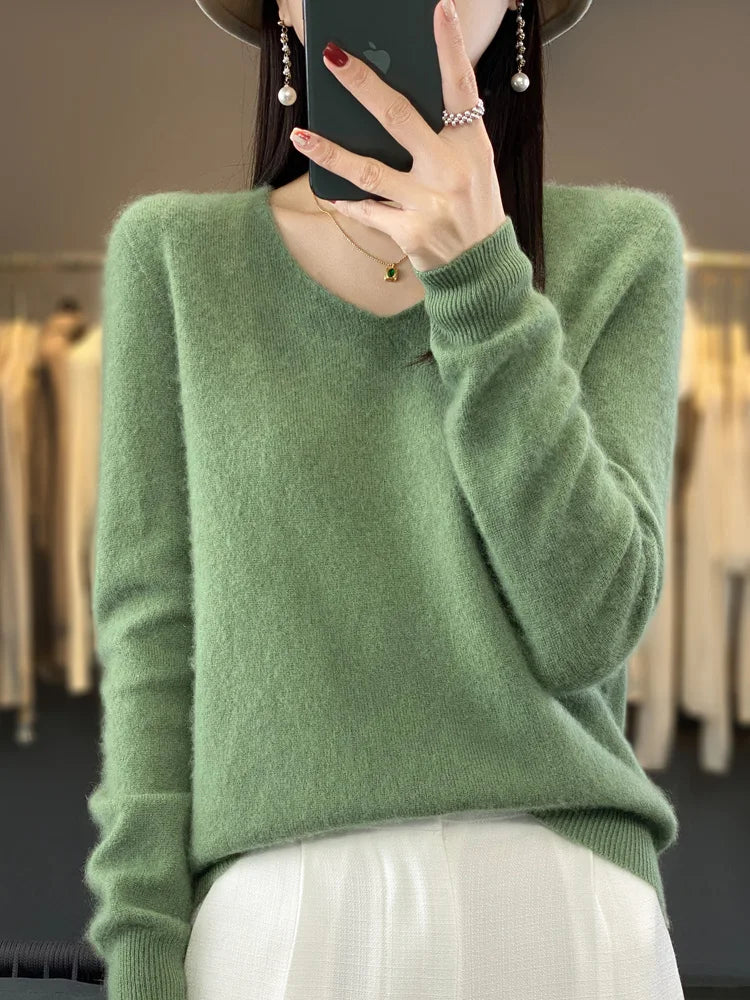 Fashion100% Merino Wool Sweater Cashmere  Pullover Women Knitwear V-Neck Long Sleeve  Autumn Winter Fashion Basic Clothing  Tops