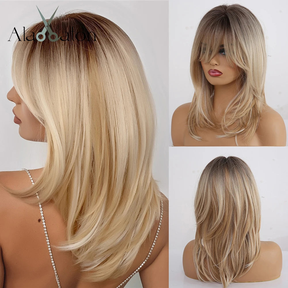 ALAN EATON Layered Synthetic Wigs with Bangs Straight Short Highlights Blonde Hair Wig with for Women Natural Daily Cosplay Wigs