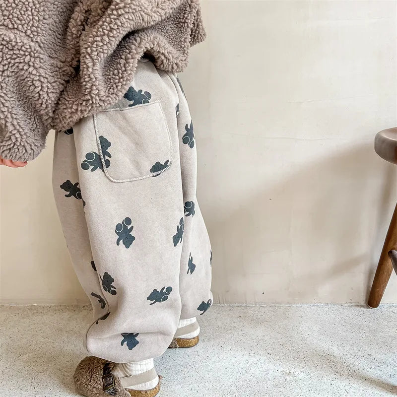 Winter Boys and girls cartoon bears inner fleece sweatpants Children thicken warm loose Trousers