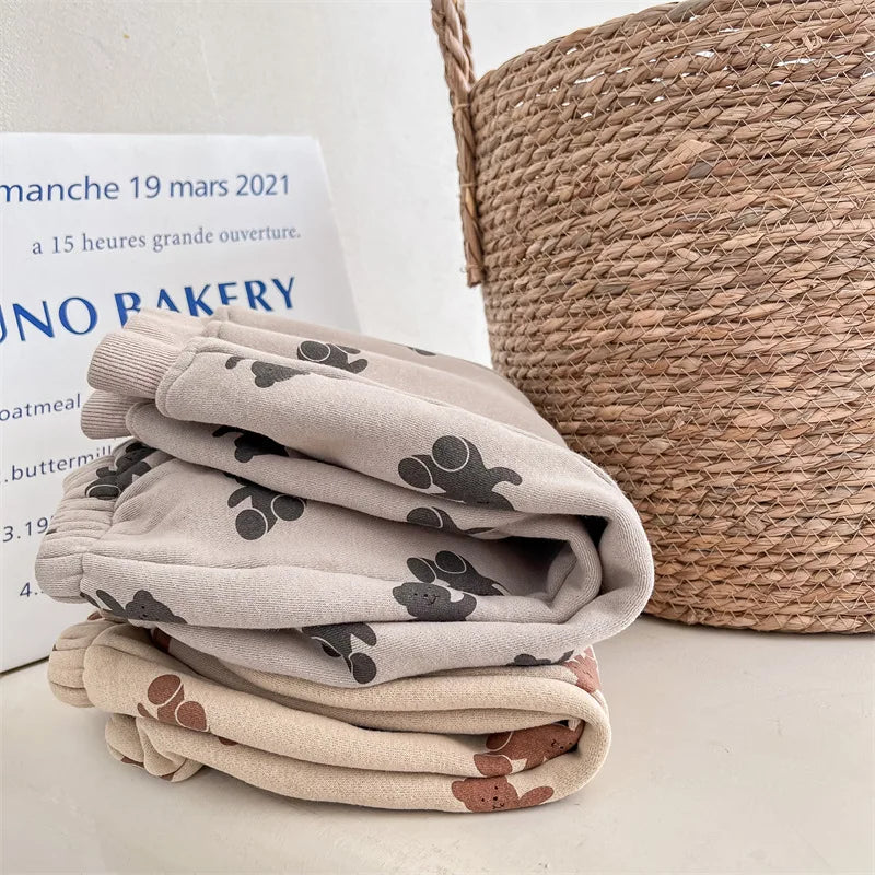 Winter Boys and girls cartoon bears inner fleece sweatpants Children thicken warm loose Trousers