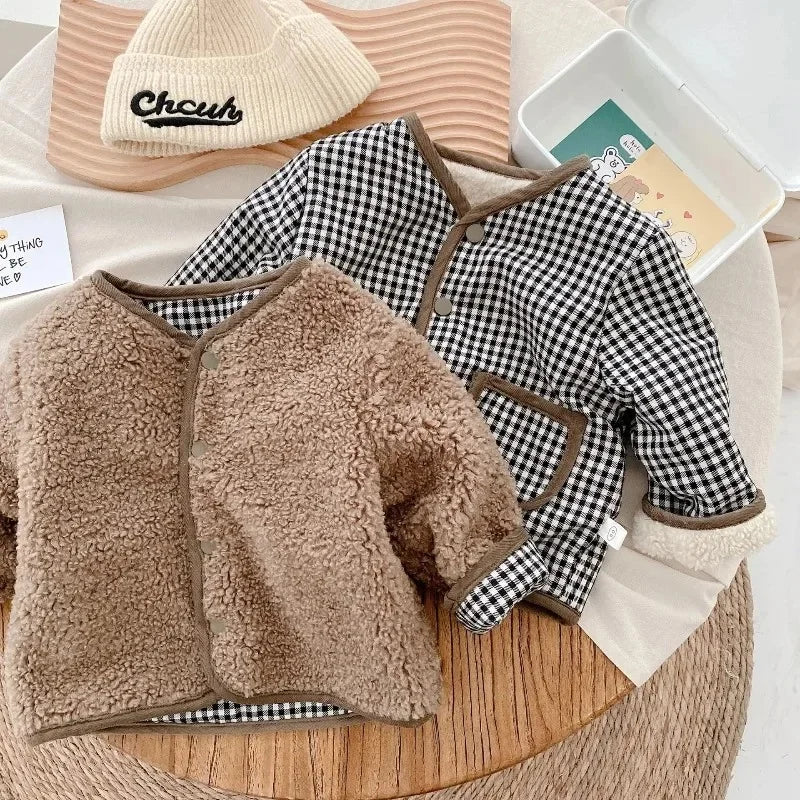 HoneyCherry Autumn and Winter New Warm Jacket Children Two Sides Wear Plaid Plush Jacket Kids Jackets