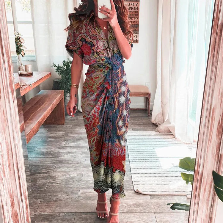 Sexy Irregular Long Dress For Women Fashion V-neck Lace-up Wrinkled Buttoned Dress Elegant Short Sleeves Clothing Ropa De Mujer