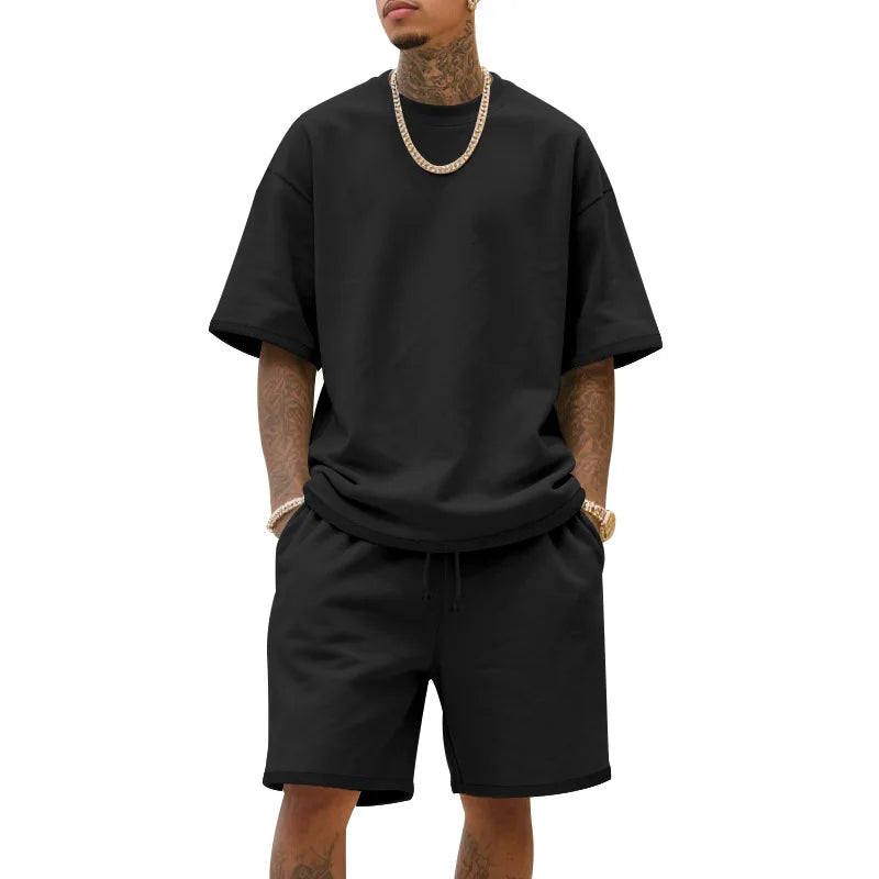 2025 100%  Cotton Men's Summer American-Style Loose High Street Hip-Hop Sport Short-Sleeved Set with Shorts