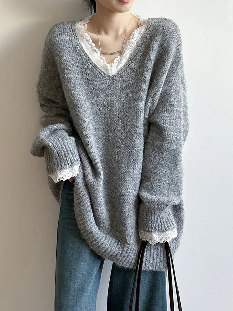 Aoaiiys Sweaters Women V Neck Lace Spliced Pullovers Vintage Chic Knitted Jumpers Autumn Winter New Comfortable Loose Sweaters