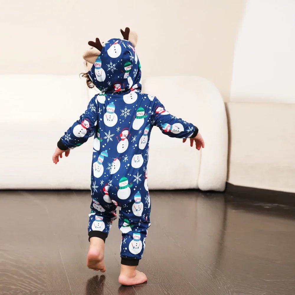 Christmas Gift Mother Father Kids Matching Outfits Cute Deer Ear Hooded Romper Overall Soft Loose One-Piece Pajamas Family Look