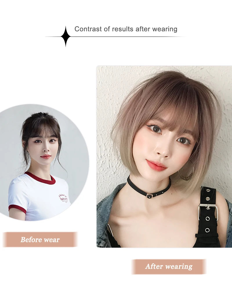 Pixie Cut Wigs Synthetic Short Straight Pink Brown Bob Wigs with Dark Roots High Density Layered Hair Wigs with Curtain Bangs