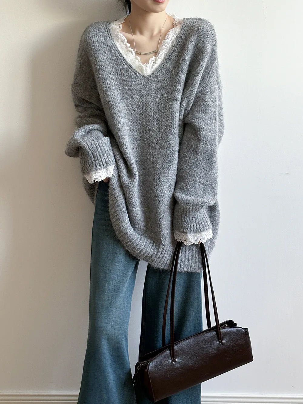 Aoaiiys Sweaters Women V Neck Lace Spliced Pullovers Vintage Chic Knitted Jumpers Autumn Winter New Comfortable Loose Sweaters