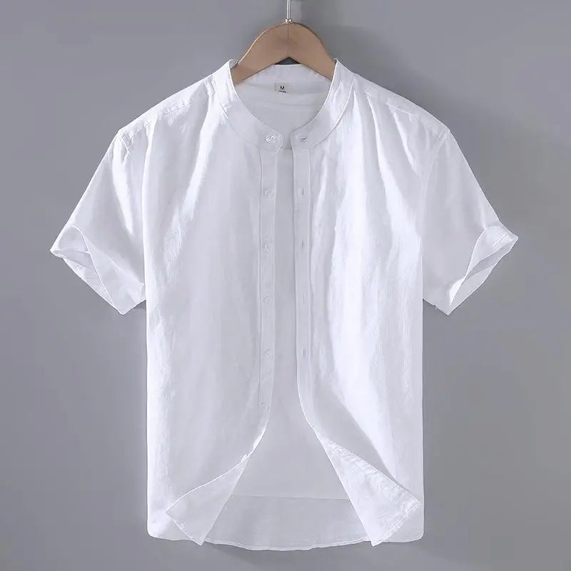 Men's Cotton Linen Short-Sleeved Shirt Summer Streetwear Plain Color Stand Collar Casual Beach Style plus Size M-3XL