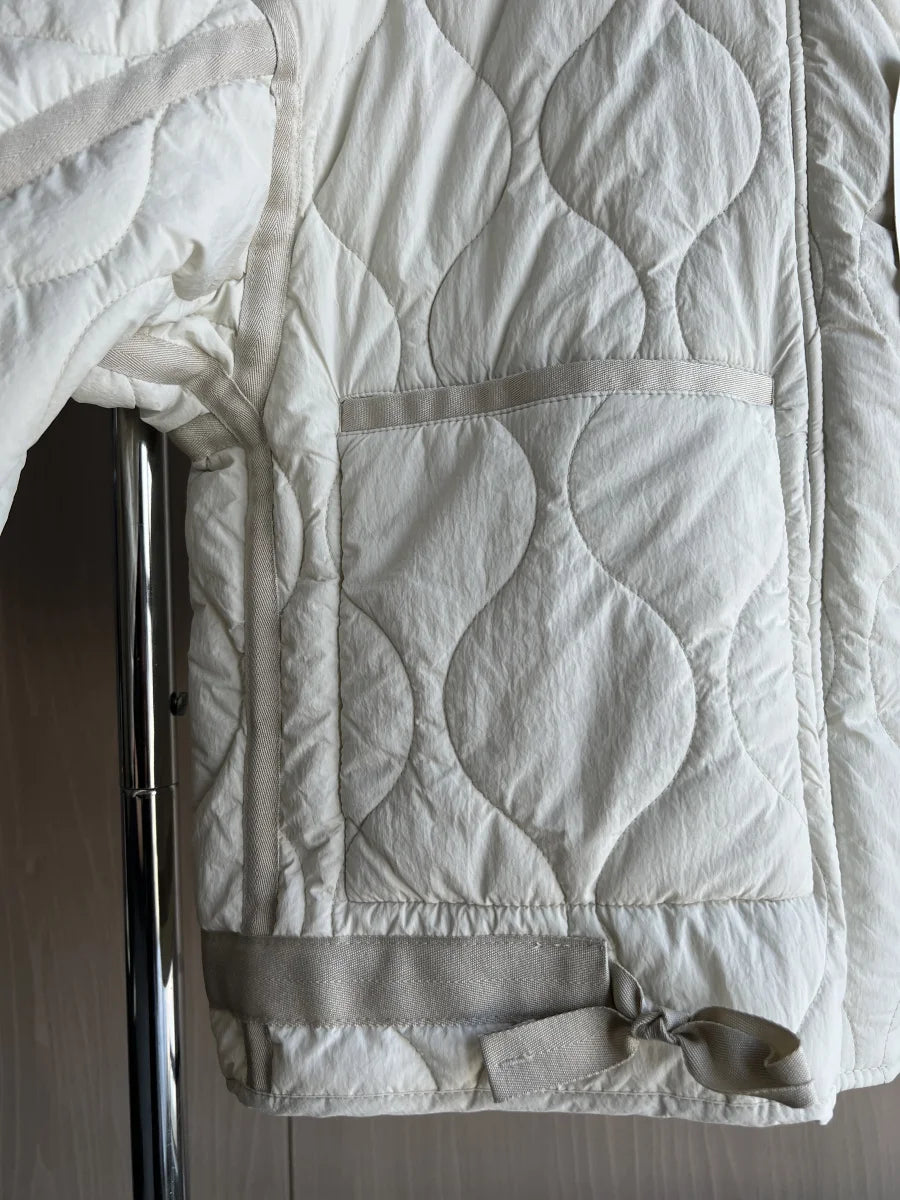 Quilted coat for women ETJ 2025 QUILTED JACKET WITH TIES new beige drawstring high neck pocket clip cotton jacket for women