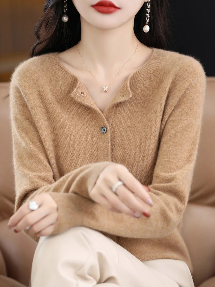 Long Sleeve 100% Merino Wool Sweaters Cashmere Cardigan Spring Autumn Women O-Neck Knitwear Tops Clothing Fashion Basic Tops