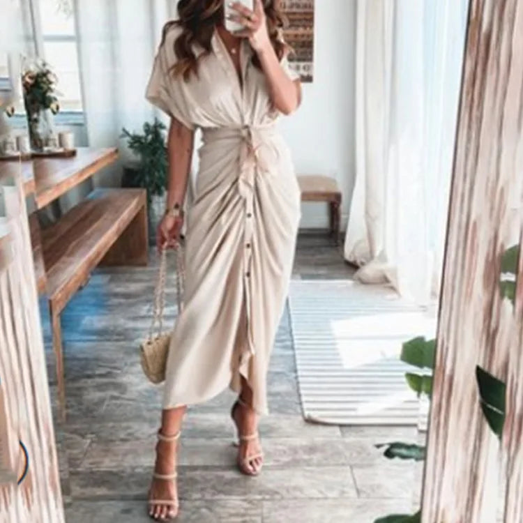 Sexy Irregular Long Dress For Women Fashion V-neck Lace-up Wrinkled Buttoned Dress Elegant Short Sleeves Clothing Ropa De Mujer