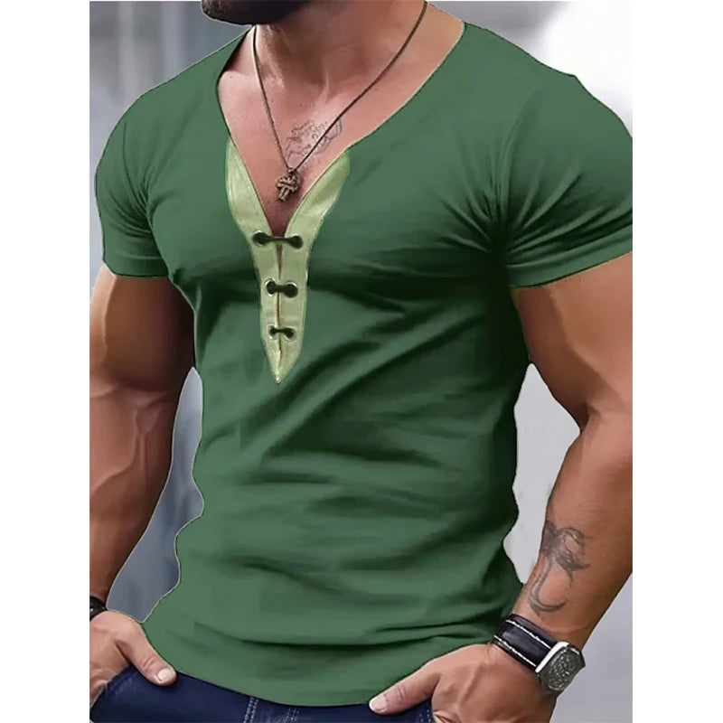 Classic Top Mens Vintage V Neck Drawstring Patchwork T Shirt Casual Short Sleeve Slim Fit Men T-Shirts Summer Leisure Pullovers