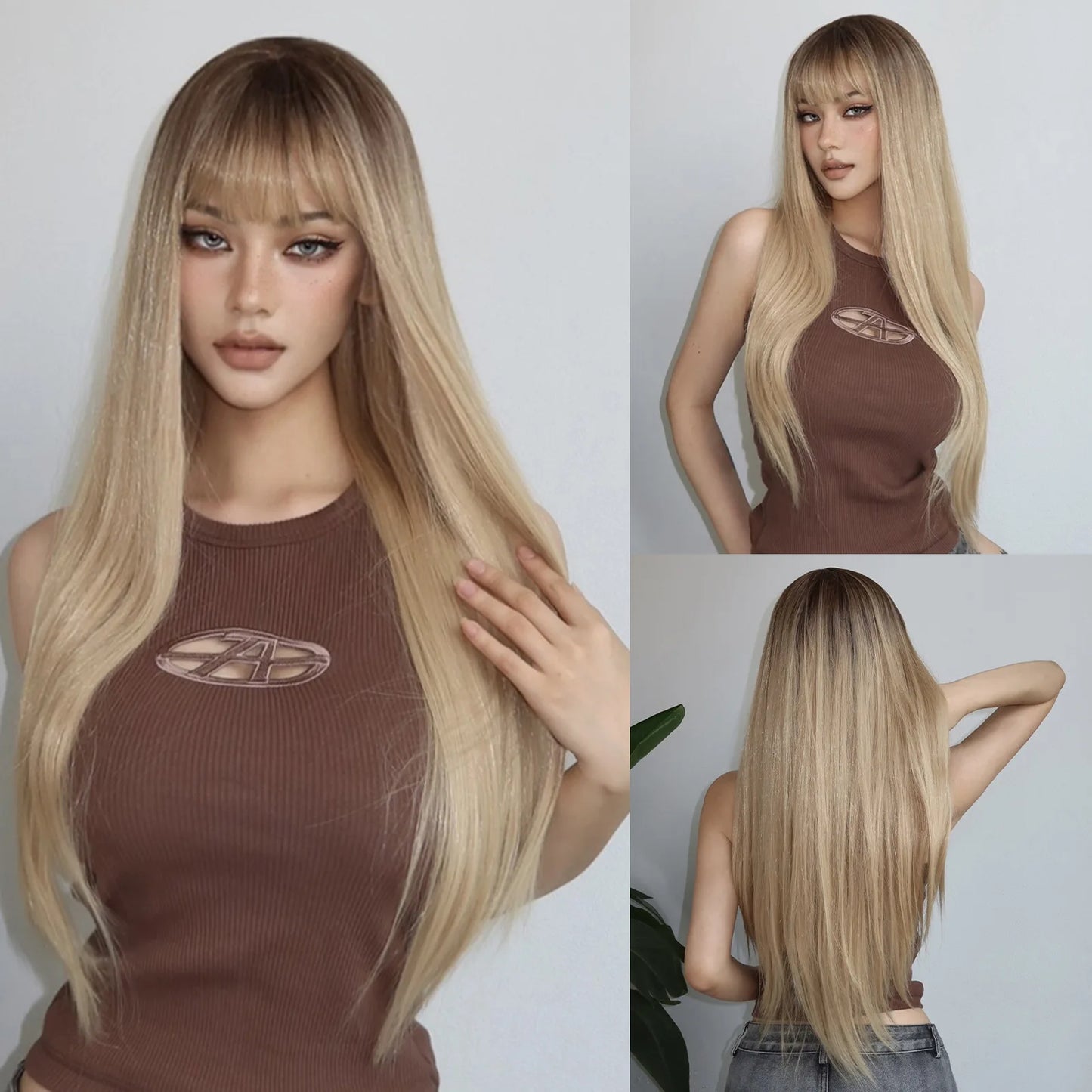 LOUIS FERRE Black Pink Ombre Synthetic Wigs for Cosplay Long Straight Layered Wigs with Bangs for Women Heat Resistant Fake Hair