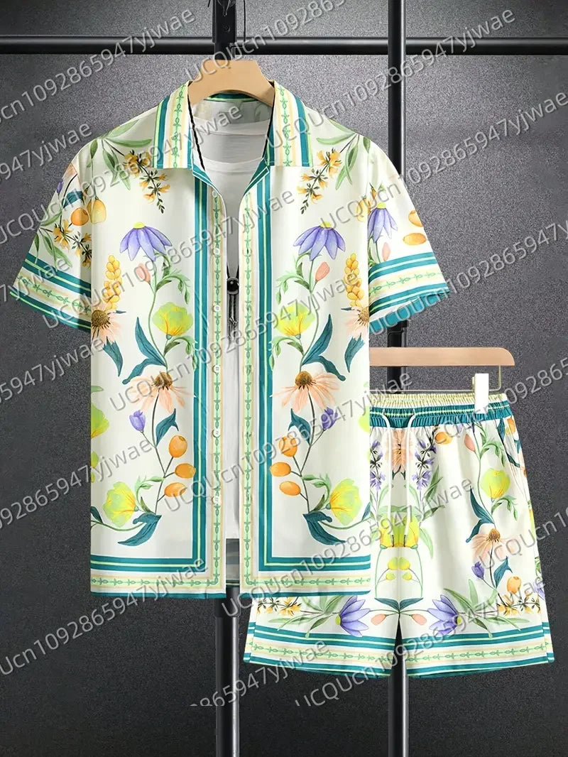 Summer Hawaiian Vintage Flowers Print Men's Short Sleeved Women's Blouses Beach Shirt +Shorts Button Shirt Set Men Clothes