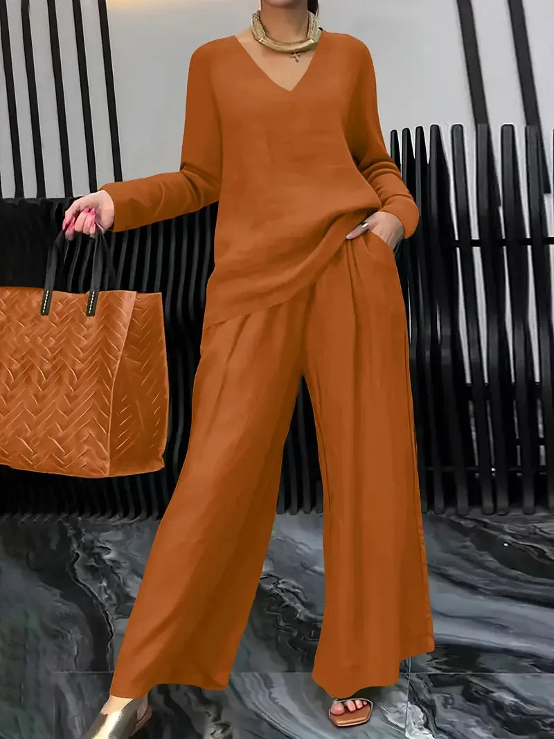 Solid Color Casual V-neck Trousers Women's 2piece Set Spring Autumn New Fashion Pocket Straight Trousers Female Office Suit 2025