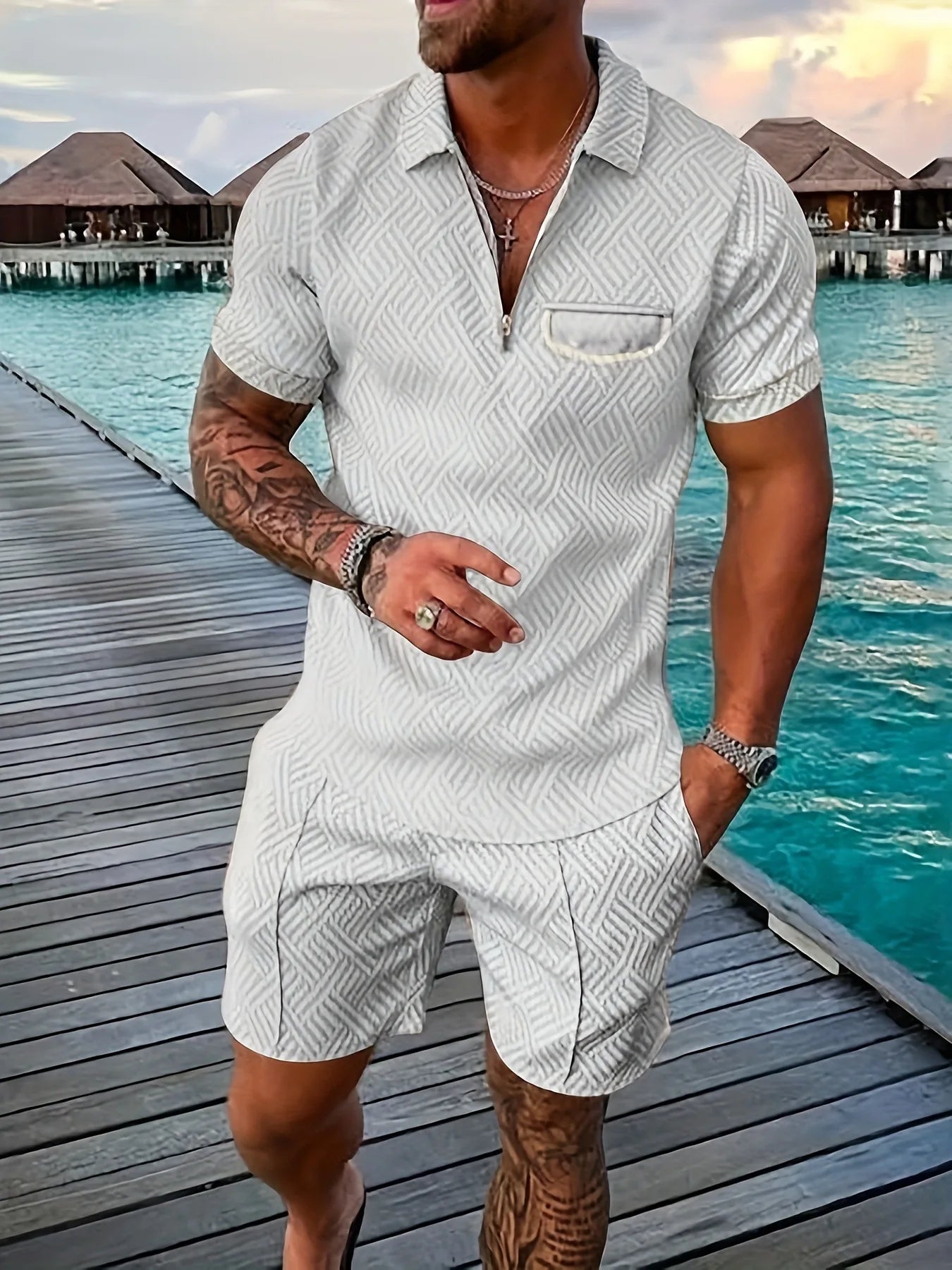 2025 new summer Hawaiian Beach men's fashion lapel casual suit 3D digital print pullover zip-up short-sleeved men's shorts