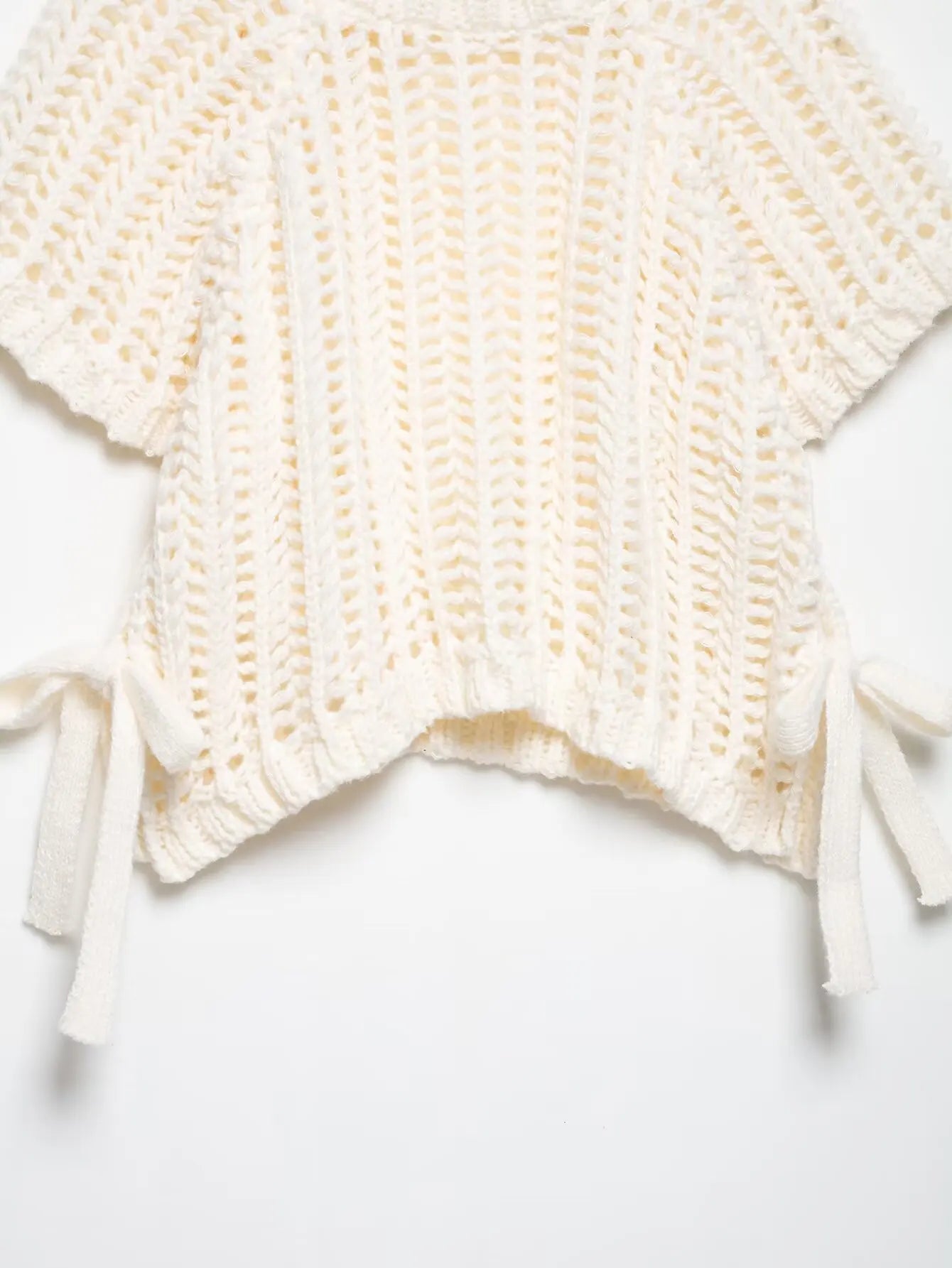 Hollow Out Knit Pullover Women Casual Round Neck Lace Up Bow Sweater Female Autumn Short Sleeves Solid Knitwears Lady