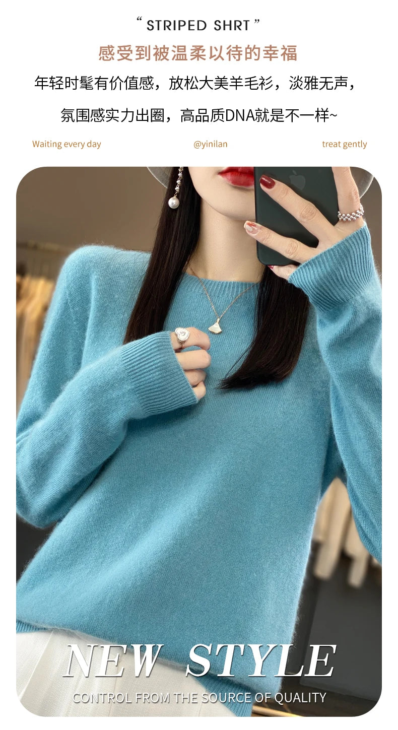 100% Merino Wool Sweater Women O-neck Cashmere Knitwear Female Pullover Autumn Winter Casual Tops Solid Color Soft  Clothing