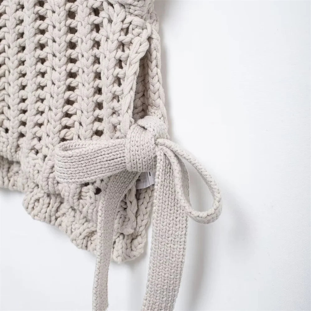 Hollow Out Knit Pullover Women Casual Round Neck Lace Up Bow Sweater Female Autumn Short Sleeves Solid Knitwears Lady