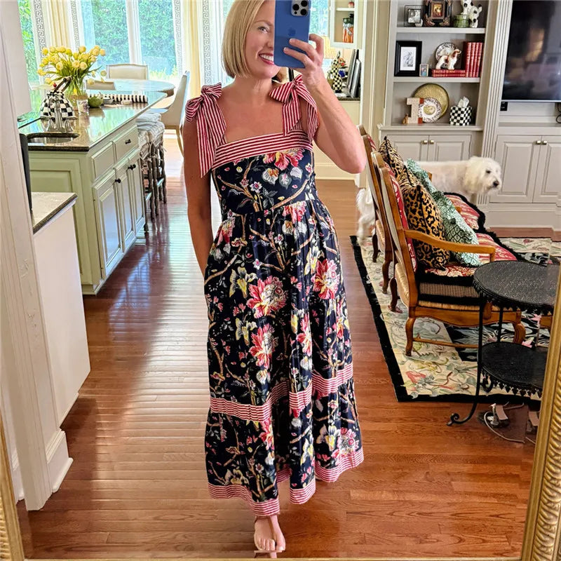 hirigin Women Summer Boho Maxi Dress Vintage Floral Tie Shoulder Flowy Long Dress Square Neck Ruffle Tiered Beach Sundress