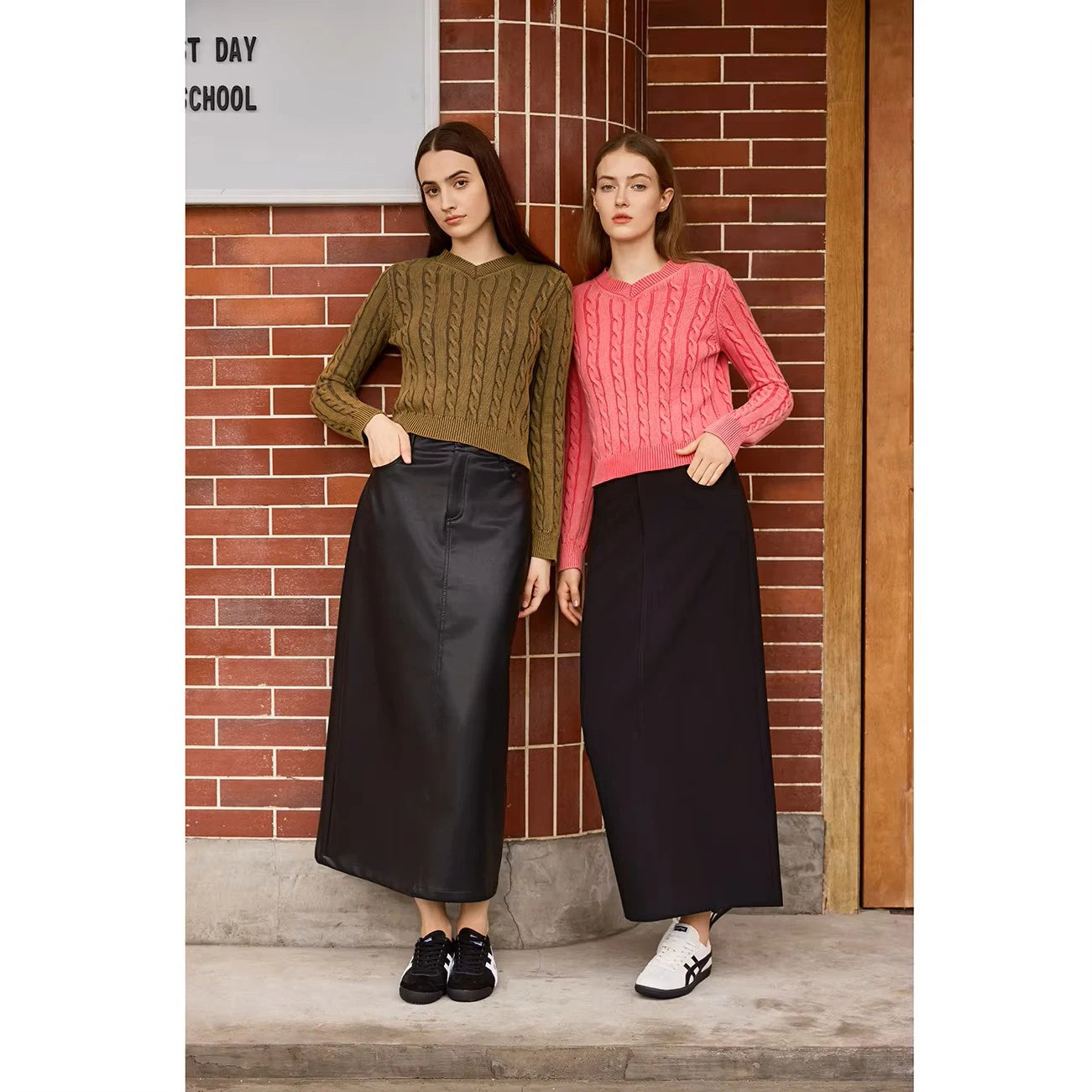 AP 2026 Women Washed Sweater Autumn and Winter Cable Sweater Stretch Skirt and Fashion Leather Skirt