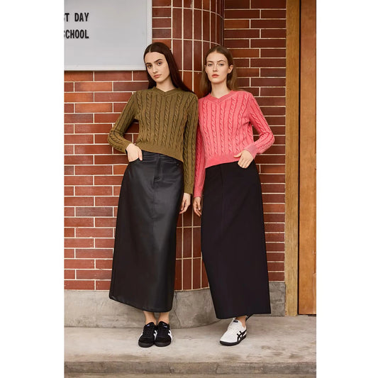 AP 2026 Women Washed Sweater Autumn and Winter Cable Sweater Stretch Skirt and Fashion Leather Skirt