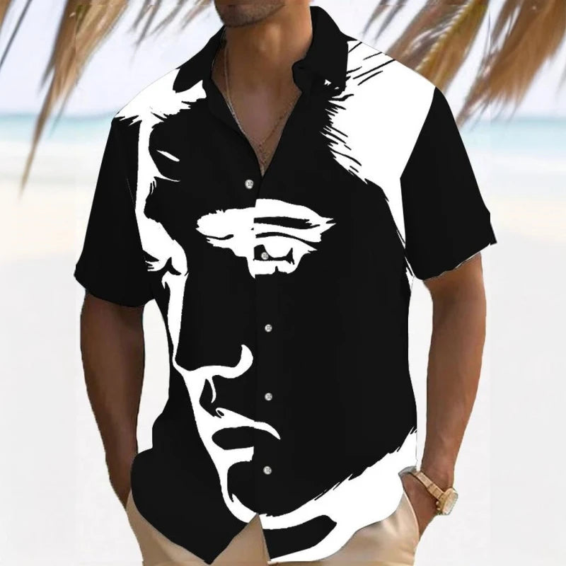 Simple Men's Shirt 3d Face Print Short Sleeve Shirts Beach Casual Clothing Loose Oversized Hawaiian Shirts for Men 2025 New Tops