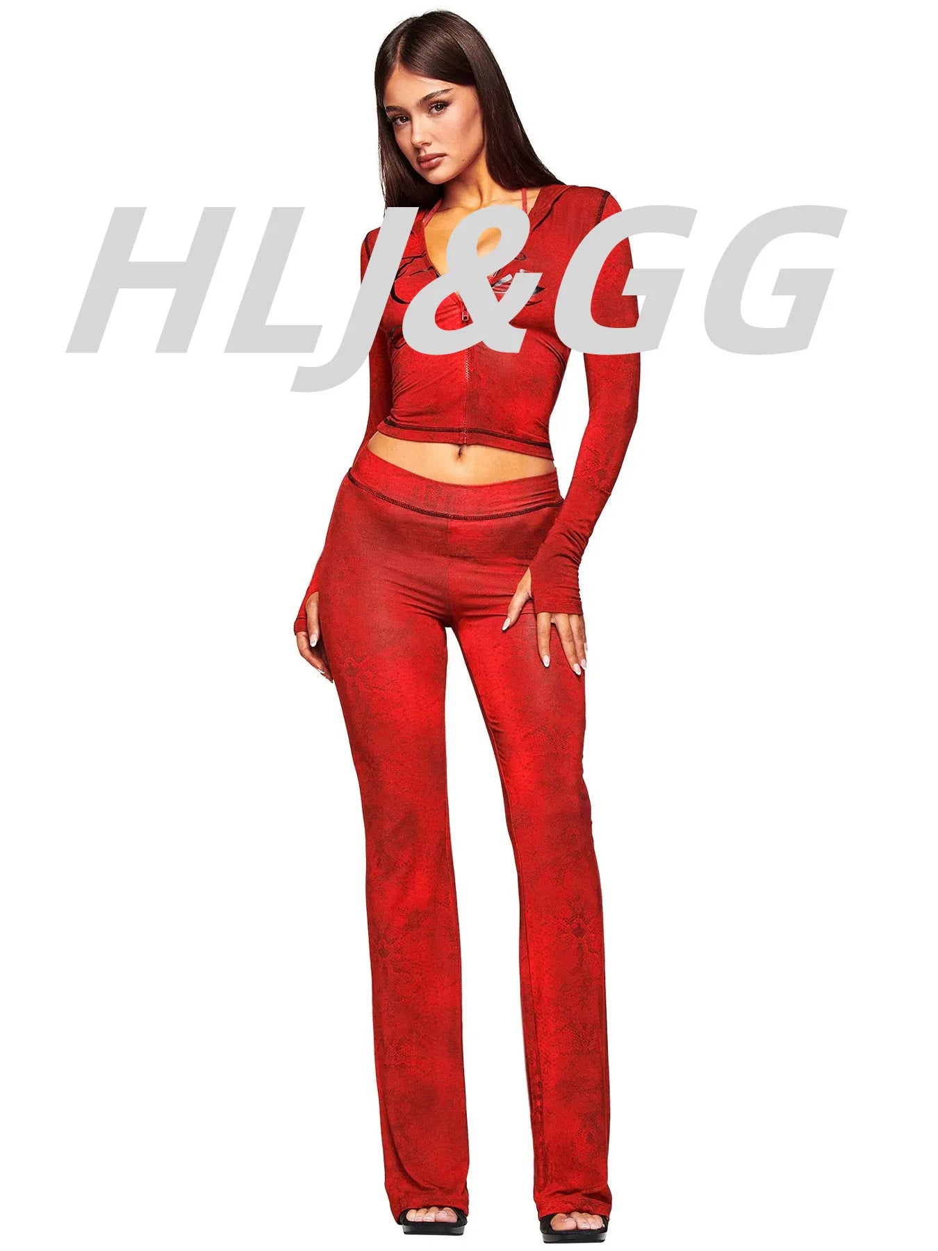 HLJ Fashion Ins Letter Print Hooded Two Piece Sets Women Zipper Long Sleeve Crop Top And Skinny Pants Outfit Y2K 2pcs Streetwear