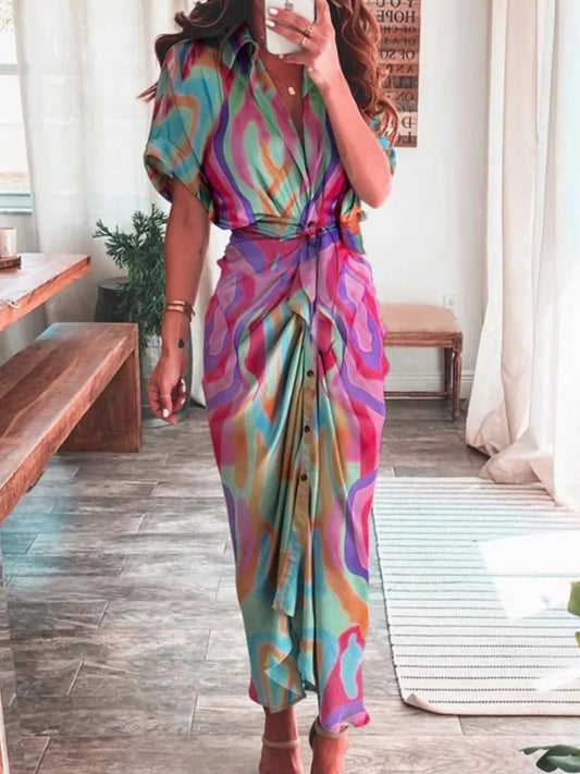 Sexy Irregular Long Dress For Women Fashion V-neck Lace-up Wrinkled Buttoned Dress Elegant Short Sleeves Clothing Ropa De Mujer