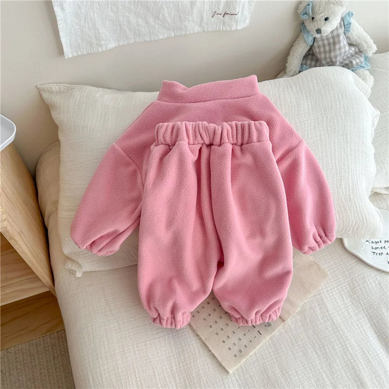 Kids Fleece Warm Set Winter Plus Velvet Outfits Long Sleeved Pullover Tops+Pants 2Pcs Autumn Children's Casual Clothing Suits