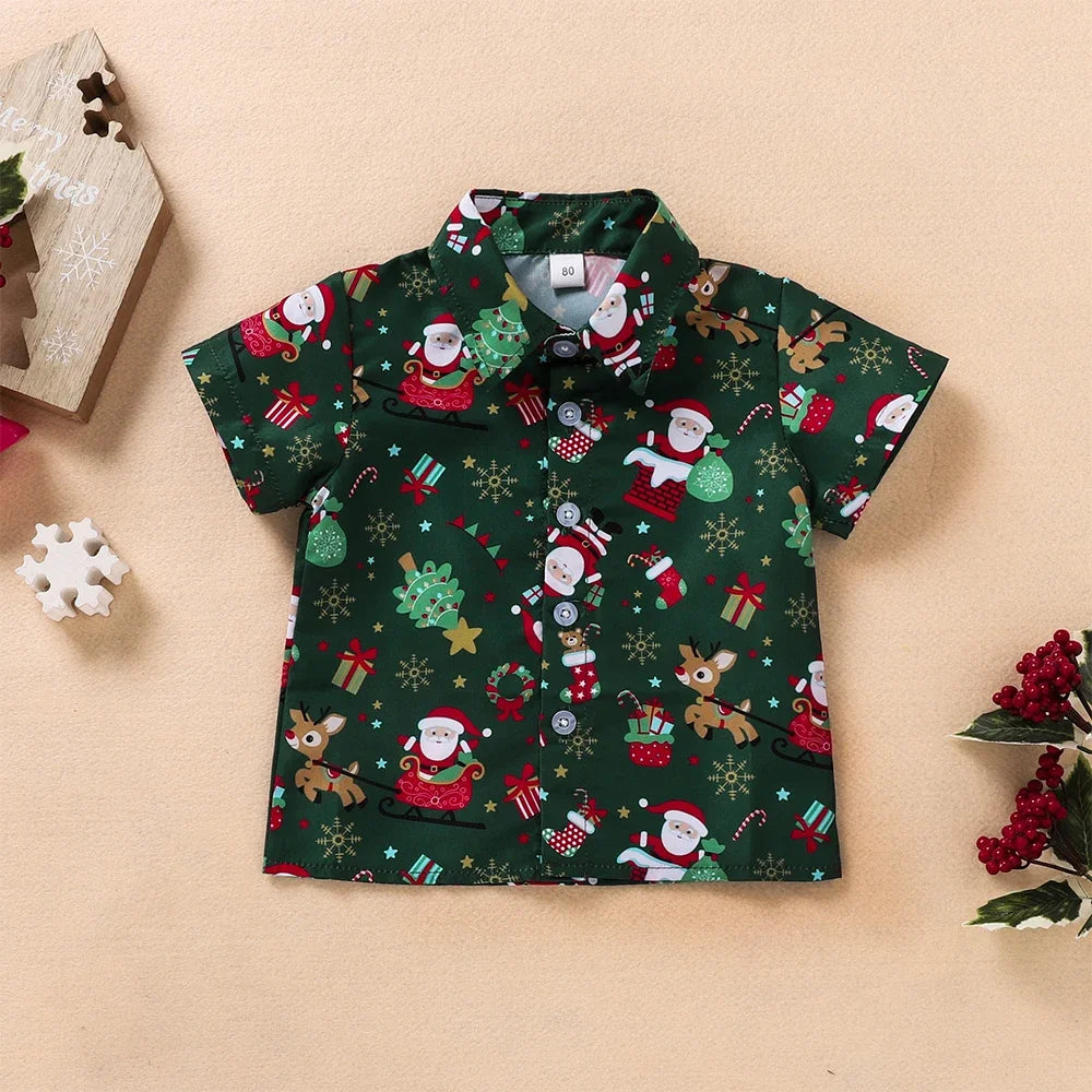 Boys Christmas Outfits For Kids Baby Festival Clothing Short/Long Sleeve Gentleman Shirts+Red Pants New Year Children's Costume